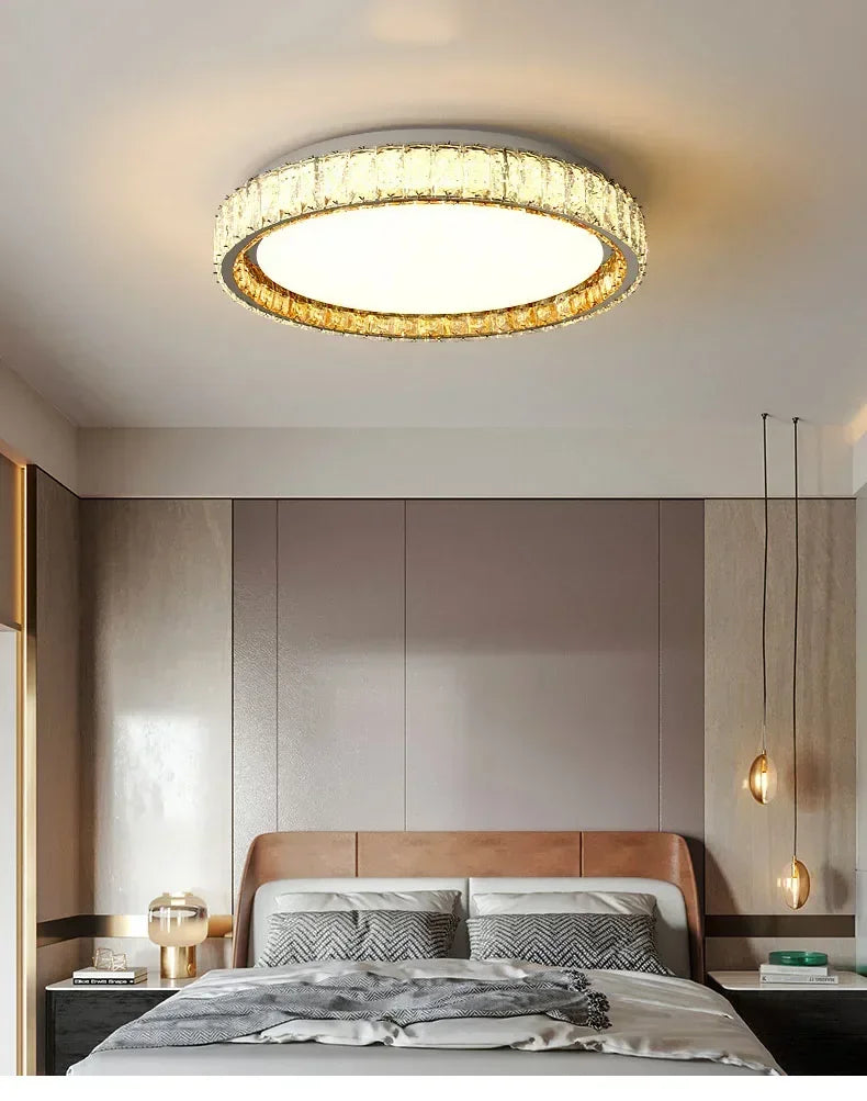 ‌Modern Luxury Dimmable Crystal Ceiling Light K9 Crystals Golden Ring Chandelier for Bedroom Living Room Dining Room LED Fixture