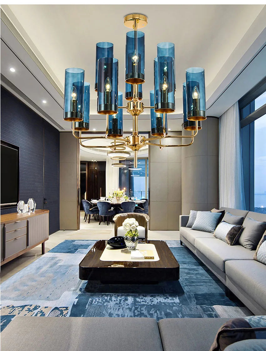 Nordic LED Glass Chandelier Blue/Amber Modern Hanging Lamp Suspension Living Dining Bedroom Pendant Lighting Fixtures
