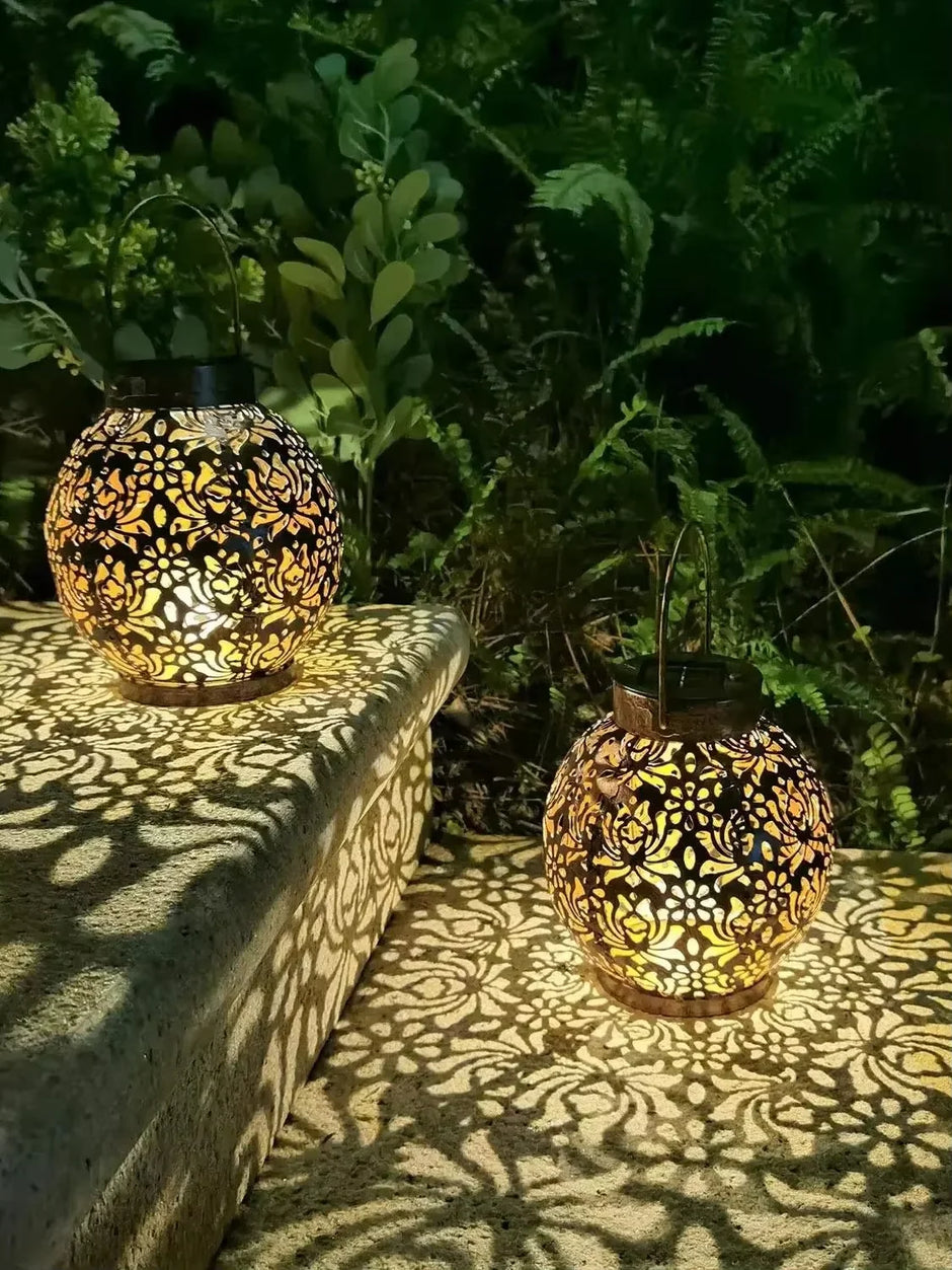 HOMEFISH Outdoor Solar Iron Art Hanging Light Hollow LED Waterproof Landscape Projection Lamp for Garden Decor