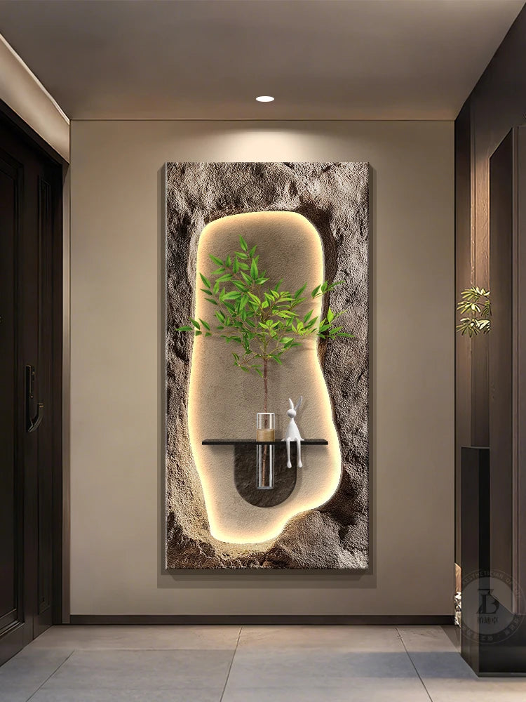 2024 Hydroponic green decorative painting background cream senior living room hanging painting sandstone new LED lights
