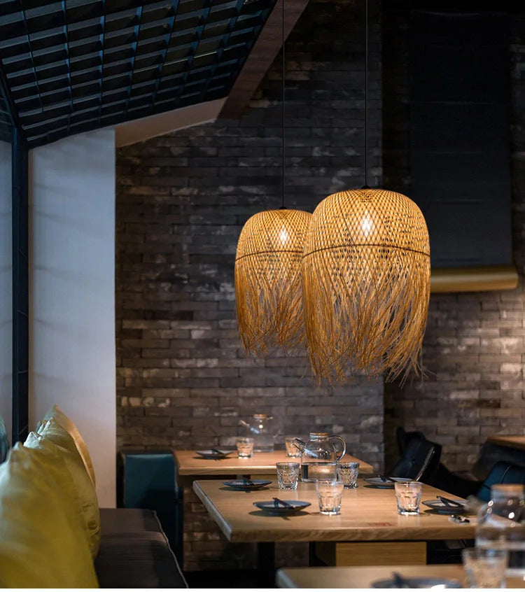 Southeast Asian Individuality Hand Woven Bamboo Chandelier Chinese Lamps Tea Room Restaurant Hotel Artistic Modeling Lampshade