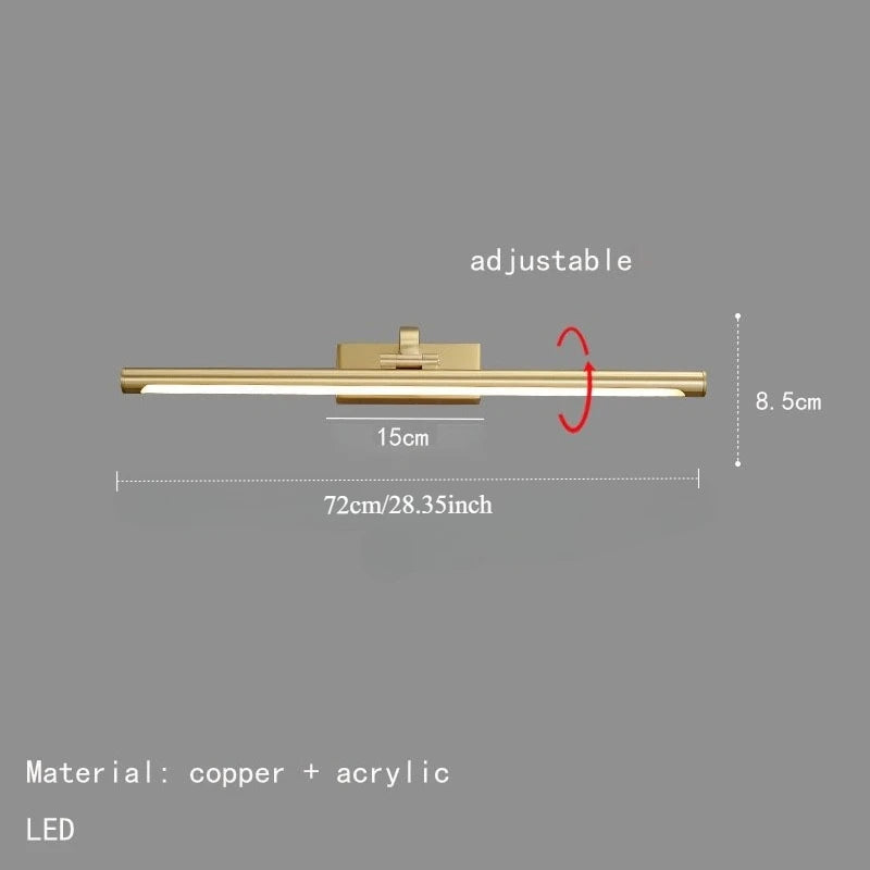 Modern Gold Copper LED Wall Light Rotatable Mirror Bathroom Bedroom Sconce Brass Simple Wall Lamp