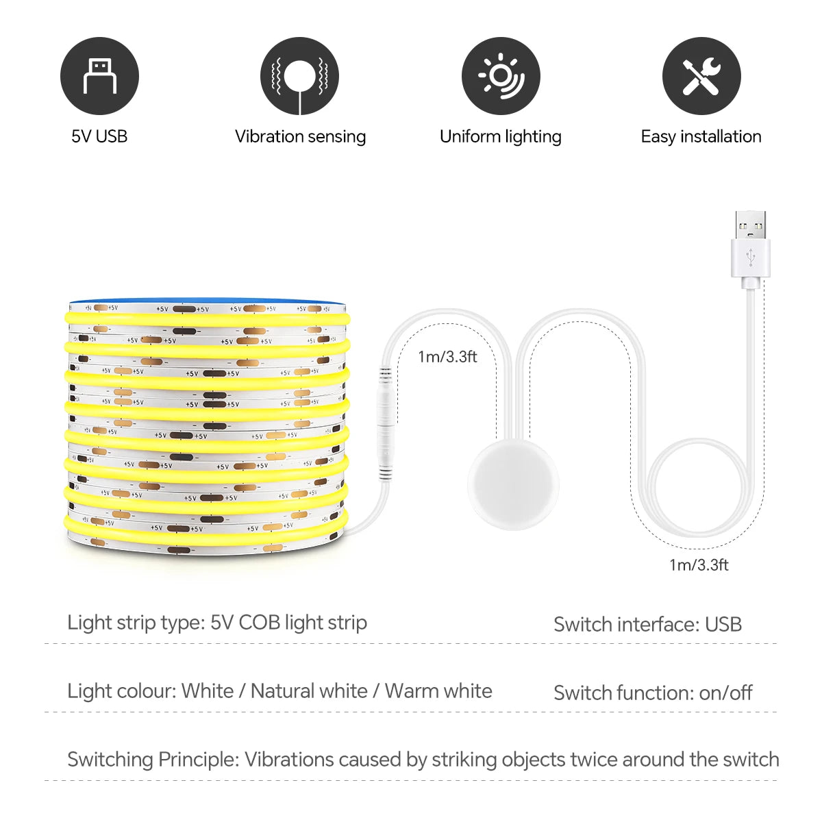 USB Power COB Tape with Tap-twice Vibration Sensor Switch Hight Brightness 320LEDs/M for Dressing Table Makeup Mirror Backlight