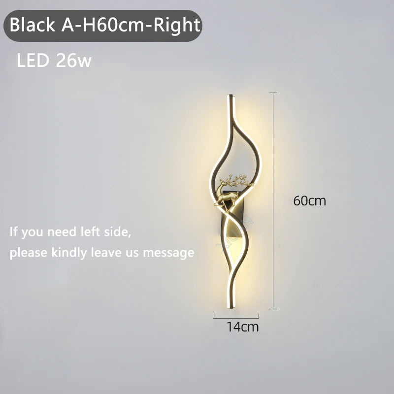 Modern Living Room Long Wall Lights with Anlter Design Gold Black TV Background Decorative Wall Lamp for Bedroom Remote Control