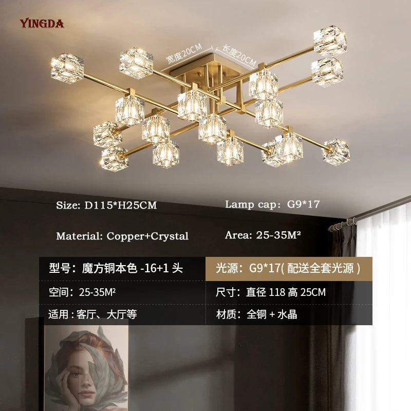 Light Luxury All Copper Living Room Ceiling Lamp, High-end Crystal Lamp, Creative Bedroom Lamp, Minimalist Dining Room Lamp