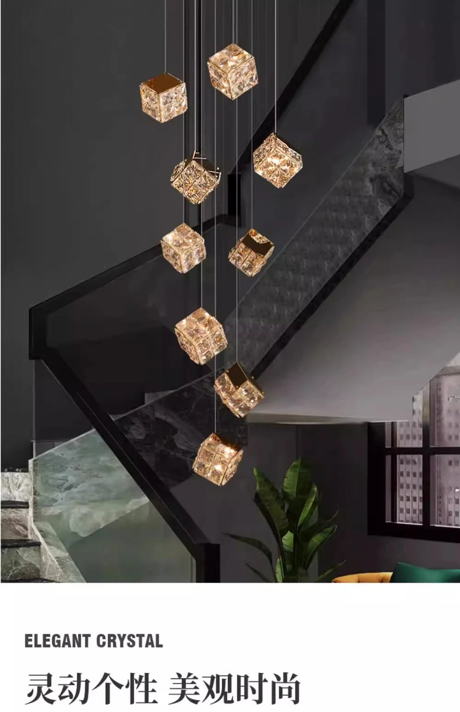 Stair chandelier long chandelier Rubik's cube creative personality light crystal lamp duplex villa loft apartment