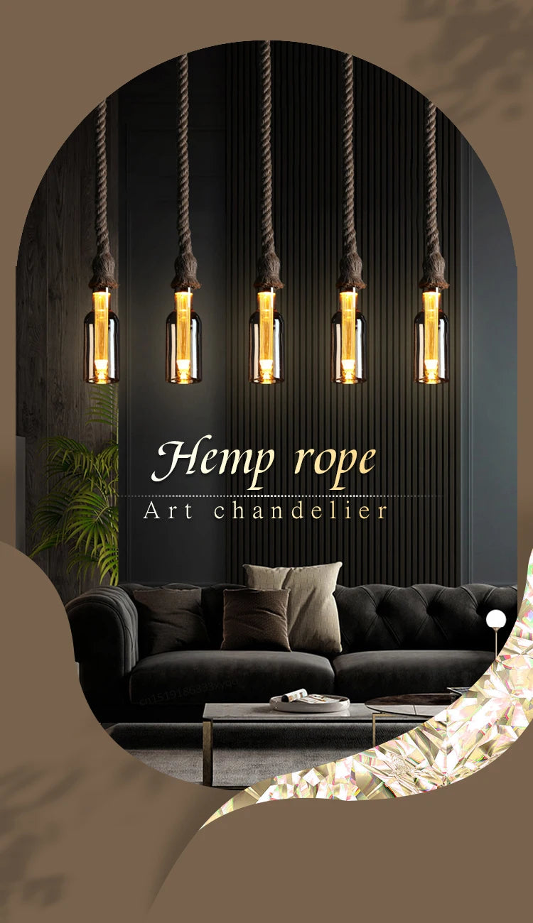 Retro Rustic Hanging Light for Bar Restaurant Decoration Hemp Rope Pendant Light E27 Bulb Glass Lampshade
