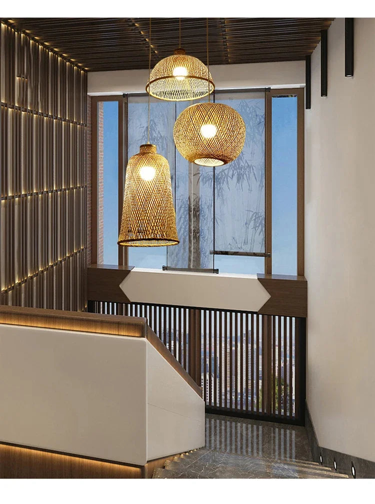 Japanese Chandelier Natural Bamboo Rattan Pendant Lights Handmade Weaving Hanging Lamps Wicker Shades E27 Lighting Suspension