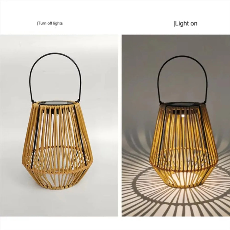 Waterproof Rattan Solar Lantern Solar Powered Bamboo Frame Bamboo Chandelier Lamp Standing/Hanging Weaving Lantern