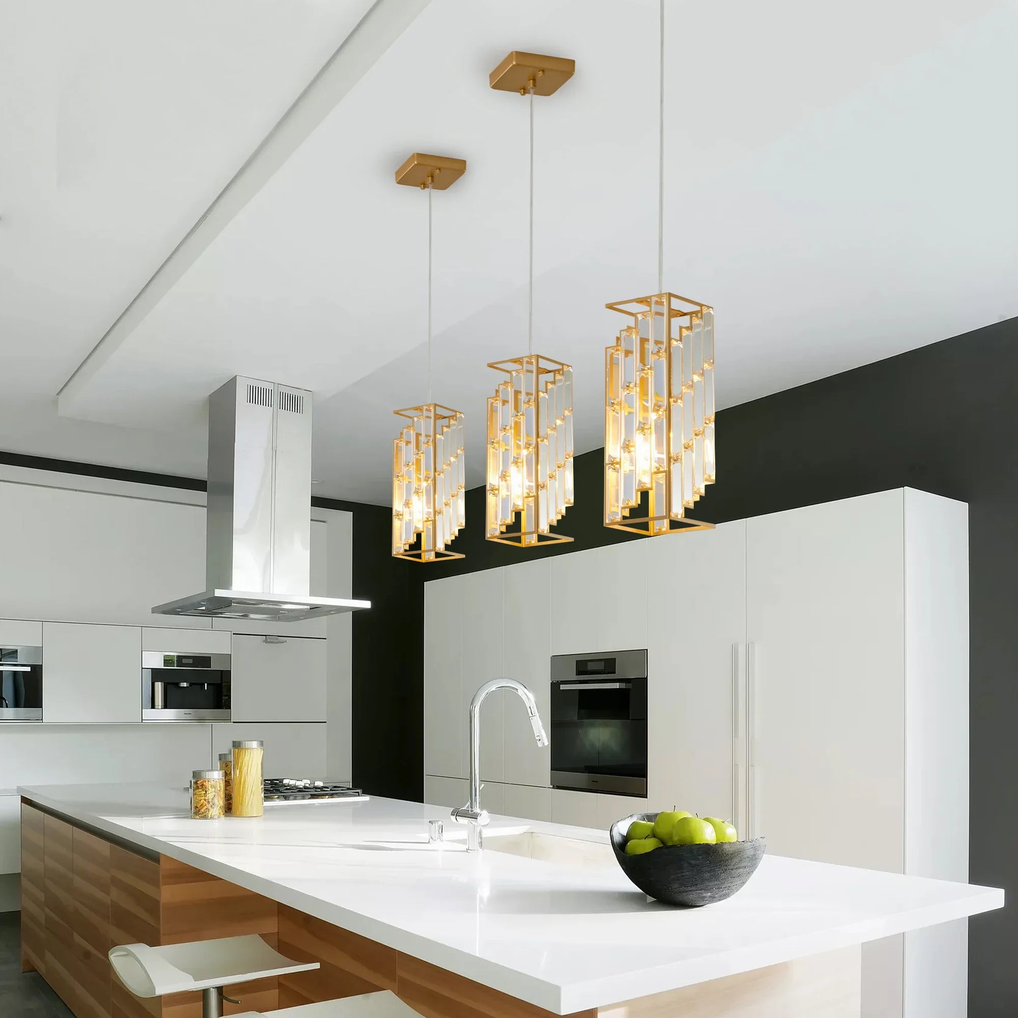 Modern Crystal Pendant Light - 3 Pack, Adjustable Hanging Ceiling Lamp with Crystal Prism Design -Golden Finish