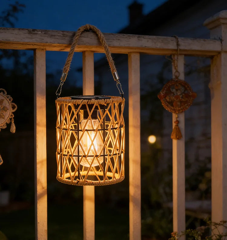 Solar Iron Rattan Outdoor Hanging Lamp Bamboo Pendant Light Warm Ambient Night Glow Garden Patio Balcony Home For Couples