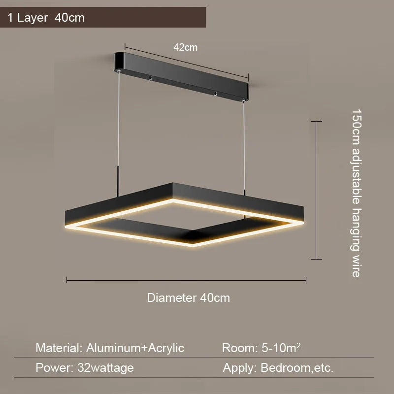2026 LED Square Pendant Light For Dining Room Bedroom Living Room Home Loft Decor Modern Black Aluminum Hanging Lamp