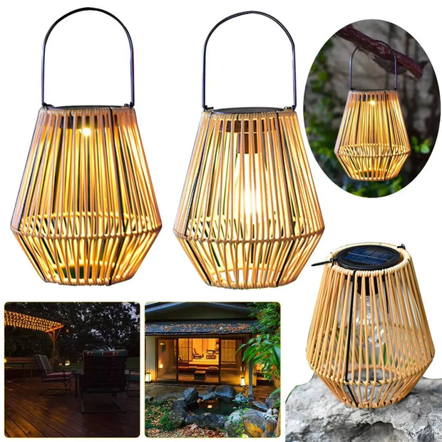 Waterproof Rattan Solar Lantern Solar Powered Bamboo Frame Bamboo Chandelier Lamp Standing/Hanging Weaving Lantern