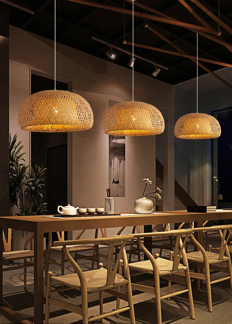 Bamboo Lantern 30cm Pendant Lamp Natural Rattan Wicker E27 LED Chandeliers Hand-Woven Lampshades Lighting Fixture Hanging Light
