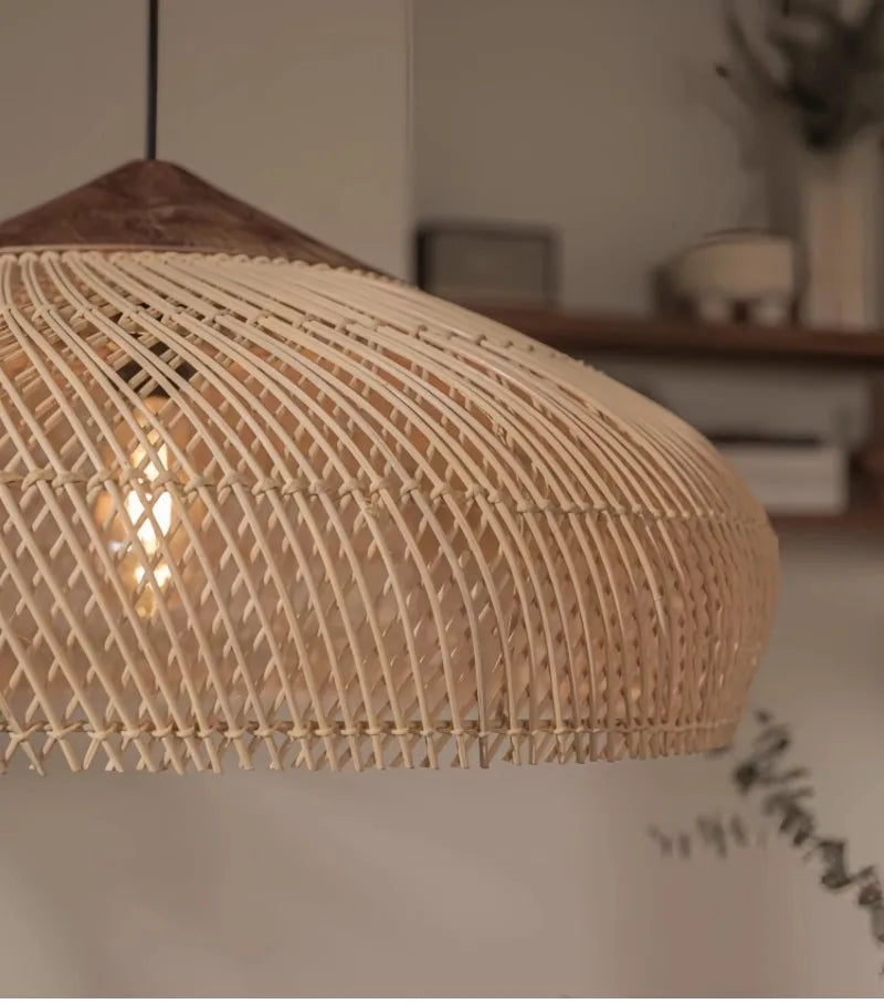 Japanese Wabi-Sabi Rattan Pendant Light - Hand-Woven E27 Boho Lamp for Restaurant Coffee Shop Dining Room Kitchen Island
