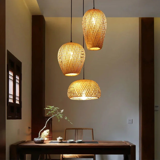 Japanese Chandelier Natural Bamboo Rattan Pendant Lights Handmade Weaving Hanging Lamps Wicker Shades E27 Lighting Suspension