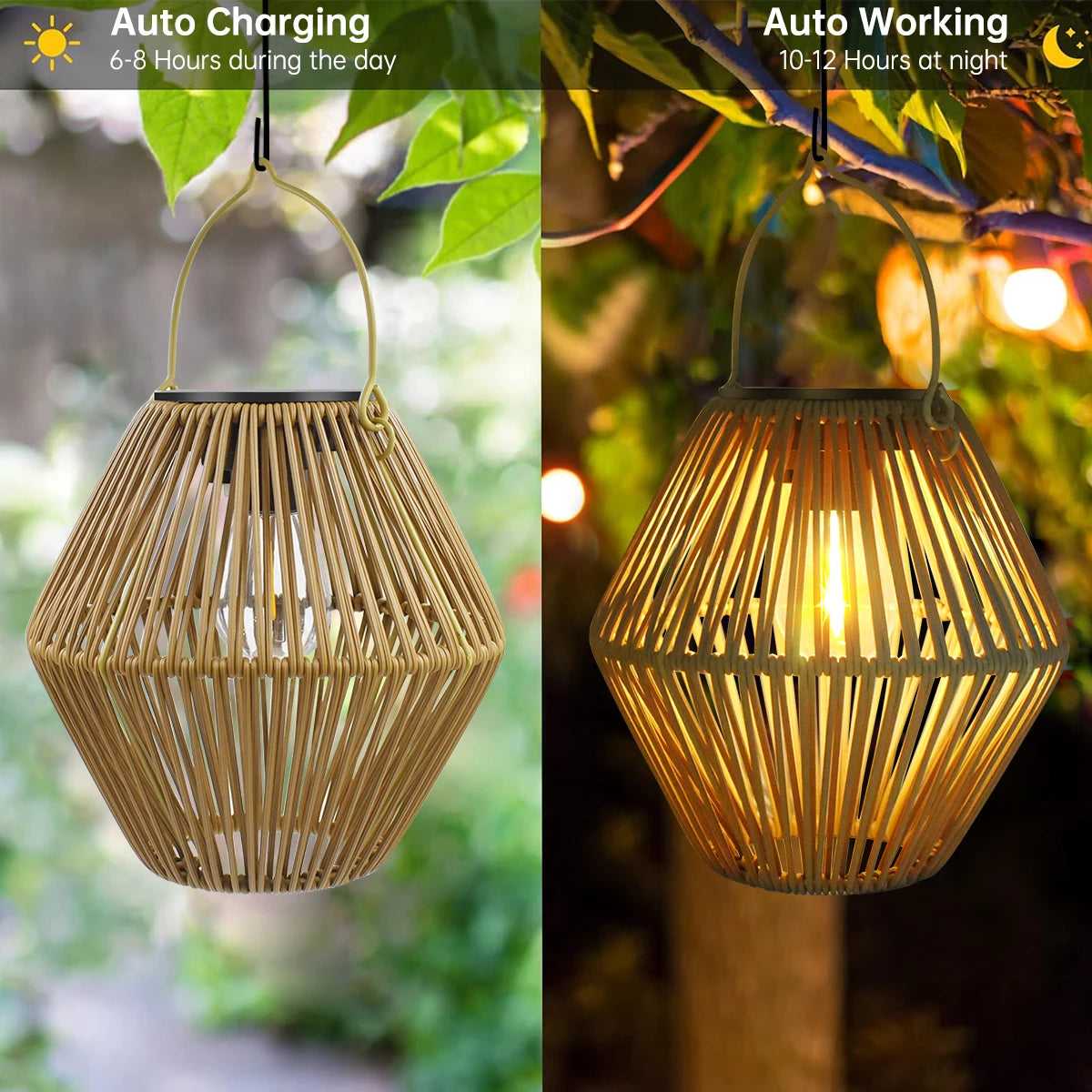 Outdoor Solar Rattan Lanterns, Waterproof Hanging Boho Solar Lights for Garden, Patio, Yard, Porch Decorative Lighting