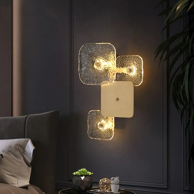 Postmodern Copper Crystal Square Wall Lamp Bedroom Bedside Hotel Villa Indoor Lighting Living Room Background Dector