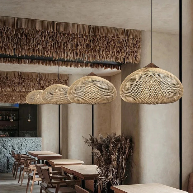Japanese Wabi-Sabi Rattan Pendant Light - Hand-Woven E27 Boho Lamp for Restaurant Coffee Shop Dining Room Kitchen Island