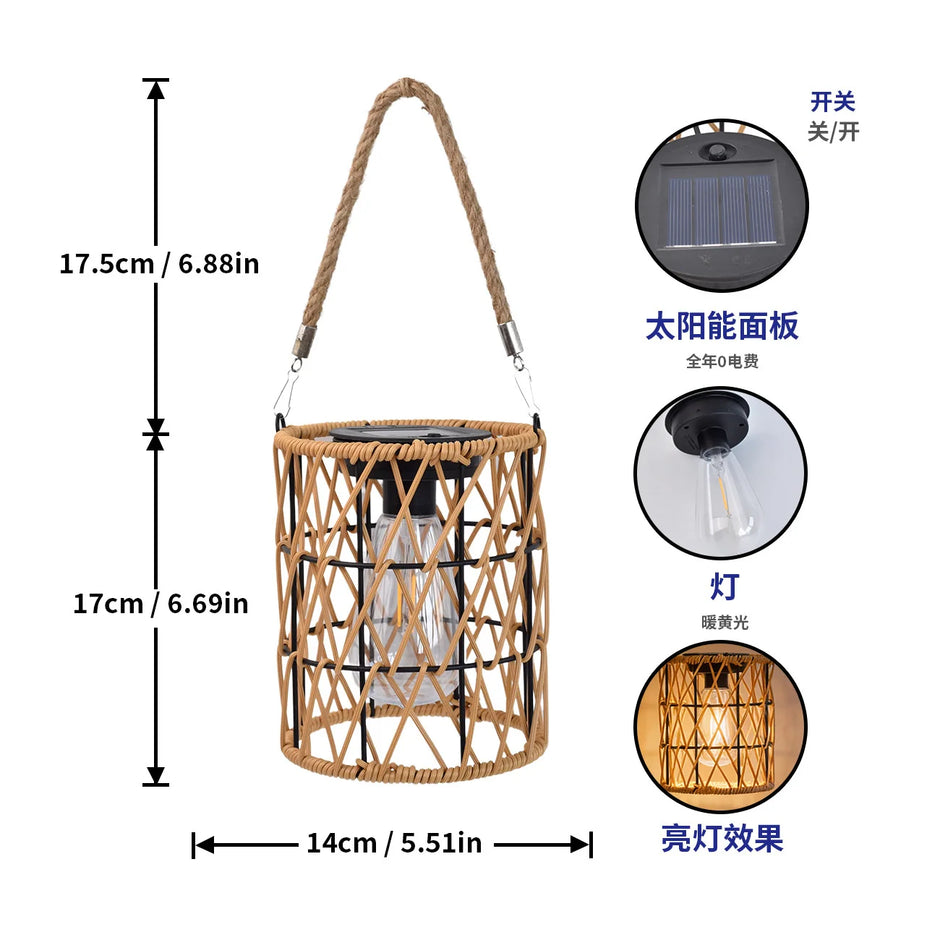 Solar Iron Rattan Outdoor Hanging Lamp Bamboo Pendant Light Warm Ambient Night Glow Garden Patio Balcony Home For Couples