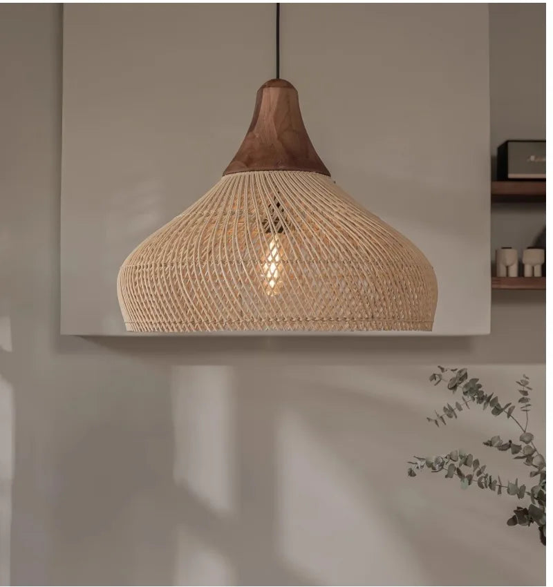 Japanese Wabi-Sabi Rattan Pendant Light - Hand-Woven E27 Boho Lamp for Restaurant Coffee Shop Dining Room Kitchen Island