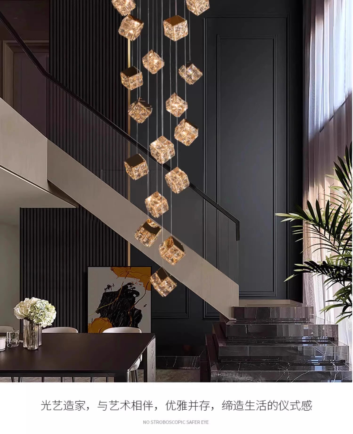 Stair chandelier long chandelier Rubik's cube creative personality light crystal lamp duplex villa loft apartment
