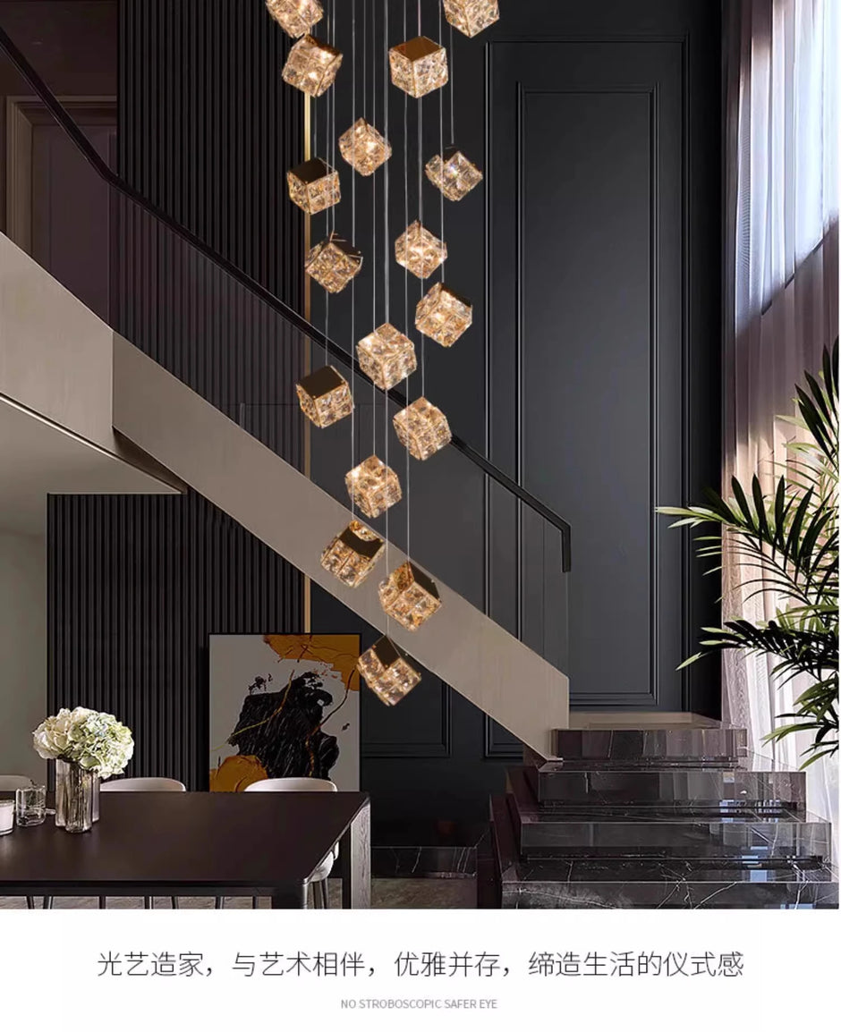 Stair chandelier long chandelier Rubik's cube creative personality light crystal lamp duplex villa loft apartment