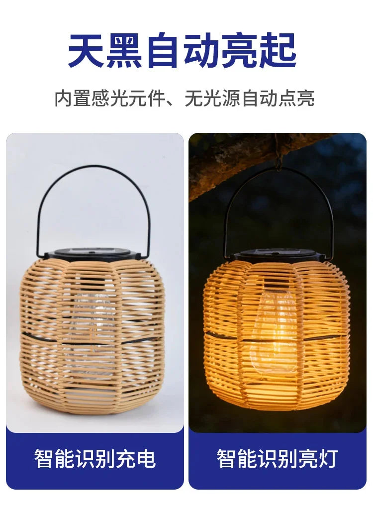 Solar Iron Rattan Outdoor Hanging Lamp Bamboo Pendant Light Warm Ambient Night Glow Garden Patio Balcony Home For Couples