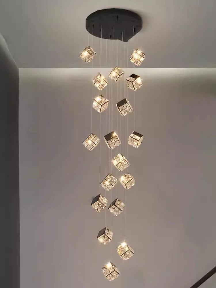 Stair chandelier long chandelier Rubik's cube creative personality light crystal lamp duplex villa loft apartment