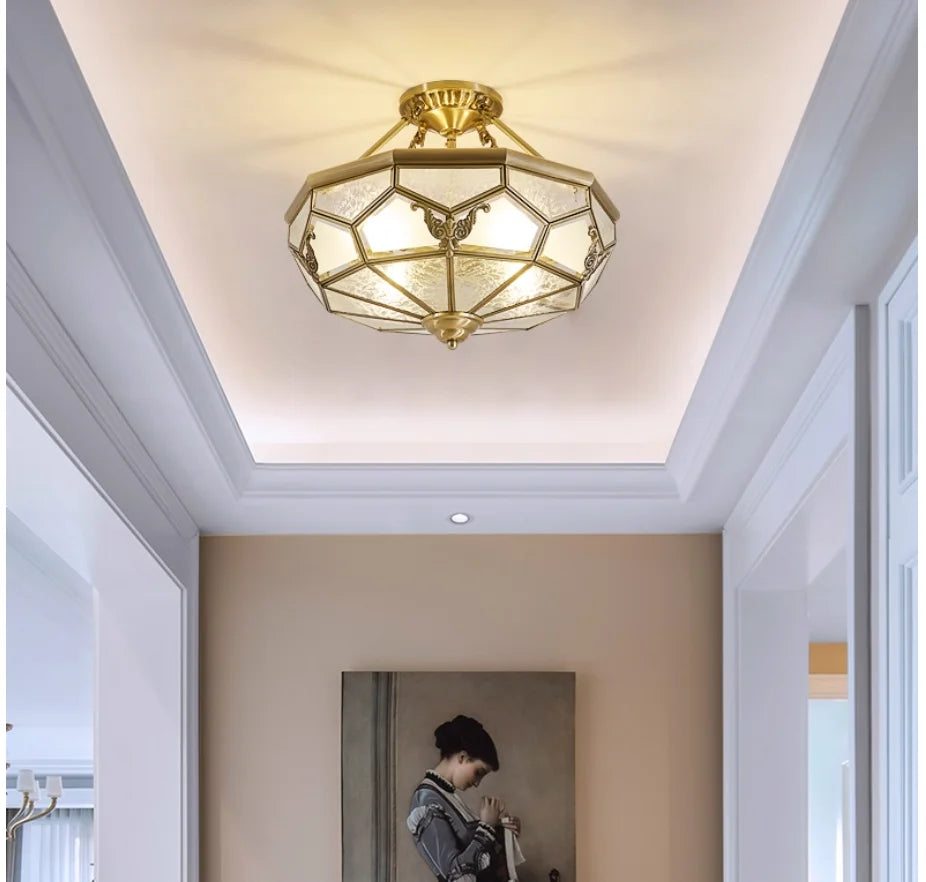 American-Style Semi-Flushed Ceiling Lamp D35cm H30cm De Copper Glass Balcony Bedroom Lamp Restaurant Balcony Study Ceiling Light
