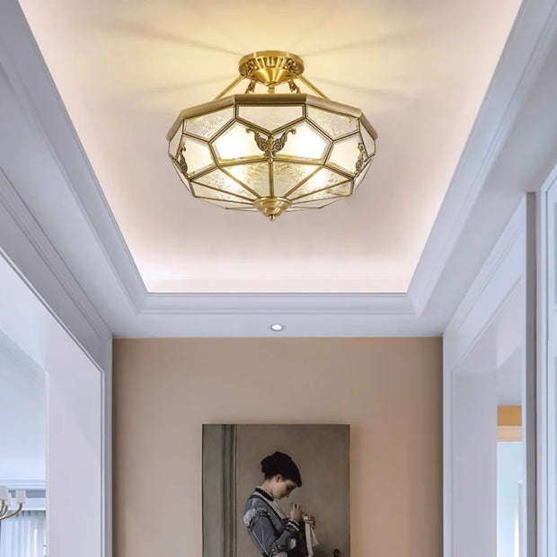 American-Style Semi-Flushed Ceiling Lamp D35cm H30cm De Copper Glass Balcony Bedroom Lamp Restaurant Balcony Study Ceiling Light