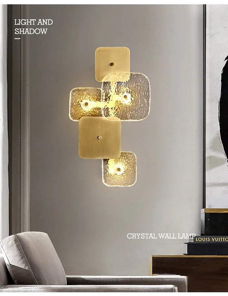 Postmodern Copper Crystal Square Wall Lamp Bedroom Bedside Hotel Villa Indoor Lighting Living Room Background Dector