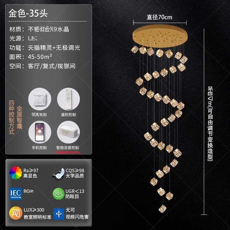 Stair chandelier long chandelier Rubik's cube creative personality light crystal lamp duplex villa loft apartment