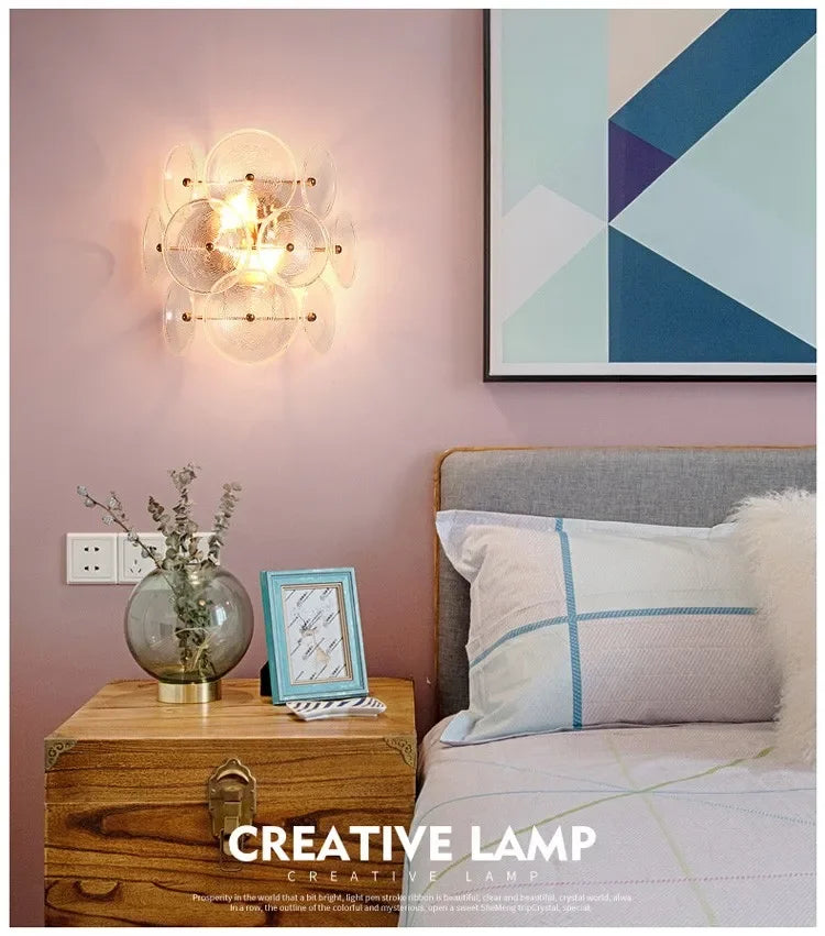 Creative Matte Metal Golden Base with LED Bubble Water Pattern Glass Round Shade Wall Sconce Bedside Lamp