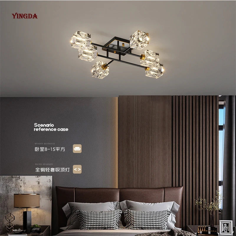 Light Luxury All Copper Living Room Ceiling Lamp, High-end Crystal Lamp, Creative Bedroom Lamp, Minimalist Dining Room Lamp