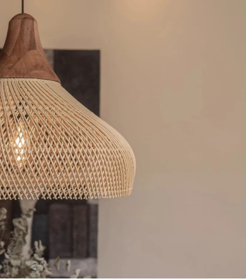 Japanese Wabi-Sabi Rattan Pendant Light - Hand-Woven E27 Boho Lamp for Restaurant Coffee Shop Dining Room Kitchen Island