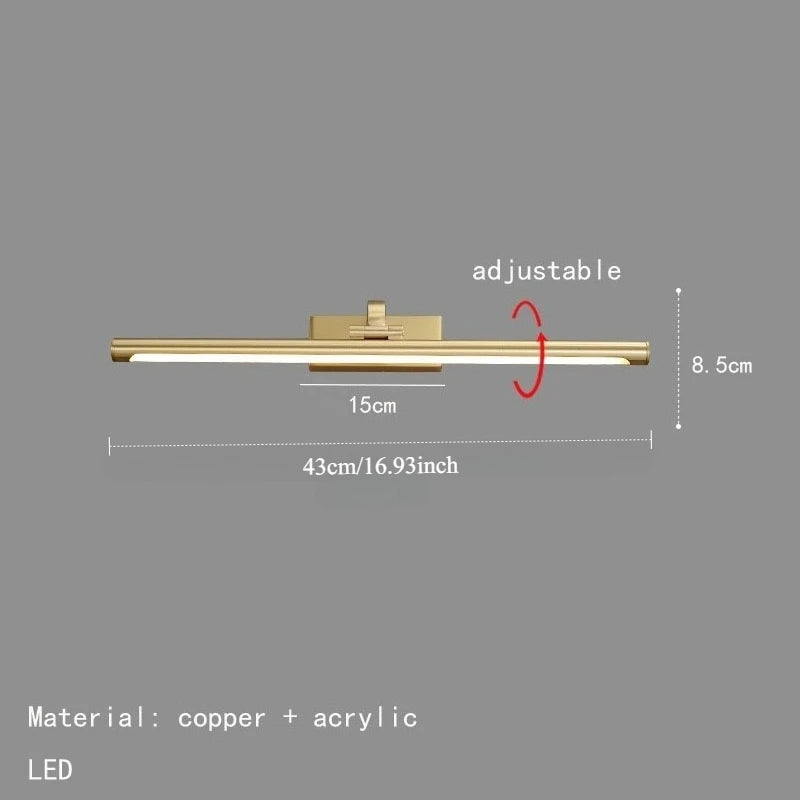 Modern Gold Copper LED Wall Light Rotatable Mirror Bathroom Bedroom Sconce Brass Simple Wall Lamp