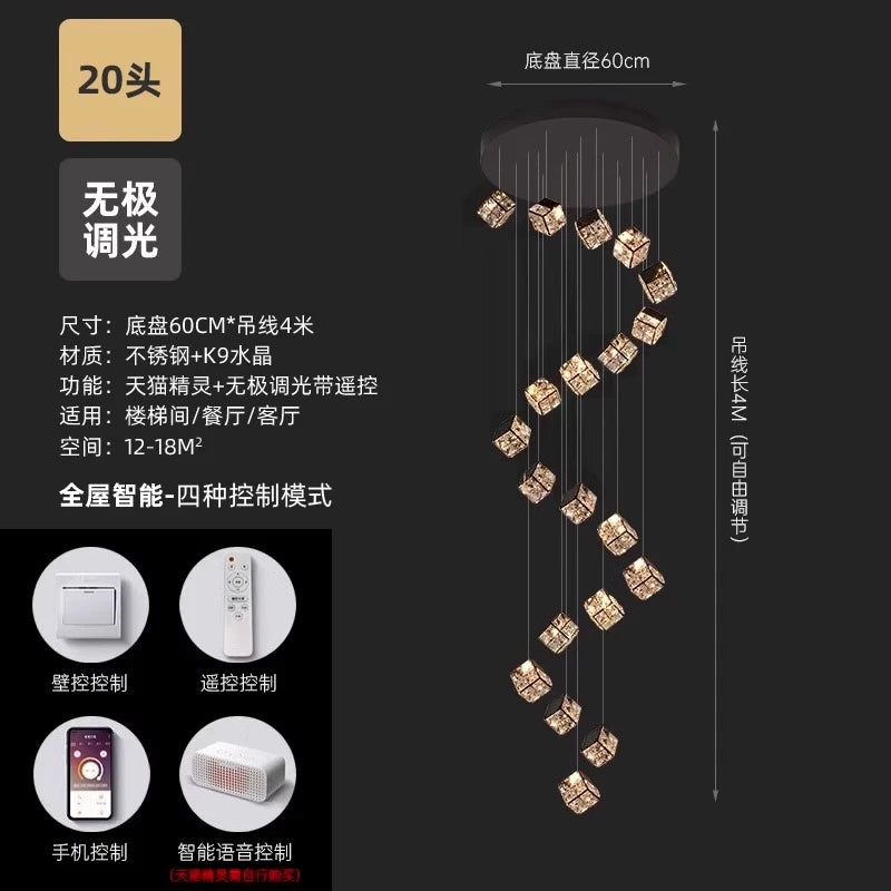 Stair chandelier long chandelier Rubik's cube creative personality light crystal lamp duplex villa loft apartment