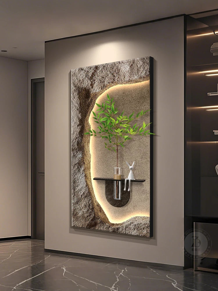 2024 Hydroponic green decorative painting background cream senior living room hanging painting sandstone new LED lights