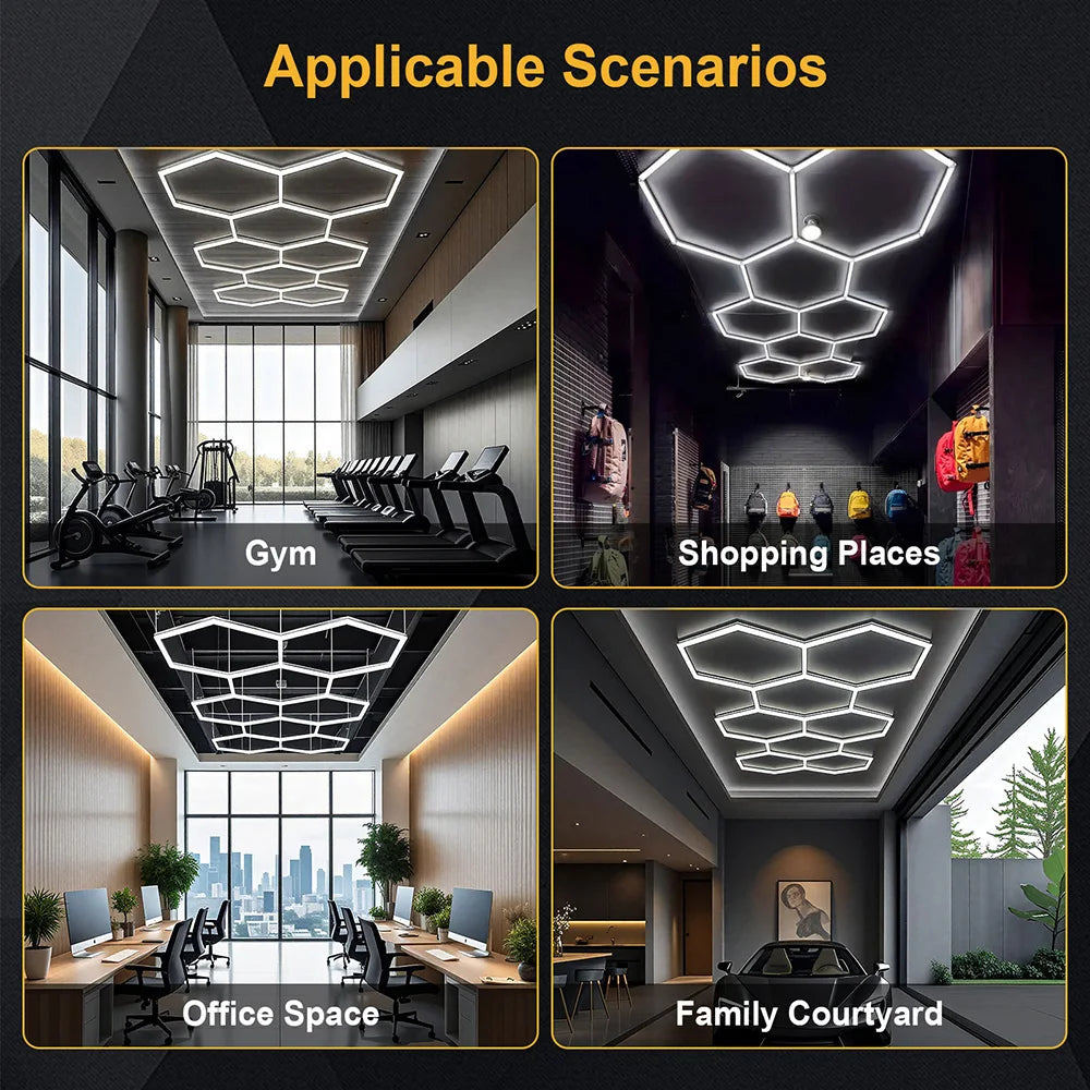 Garage honeycomb hexagonal LED white light super bright 6500K color temperature installed on the ceiling, suitable for garages