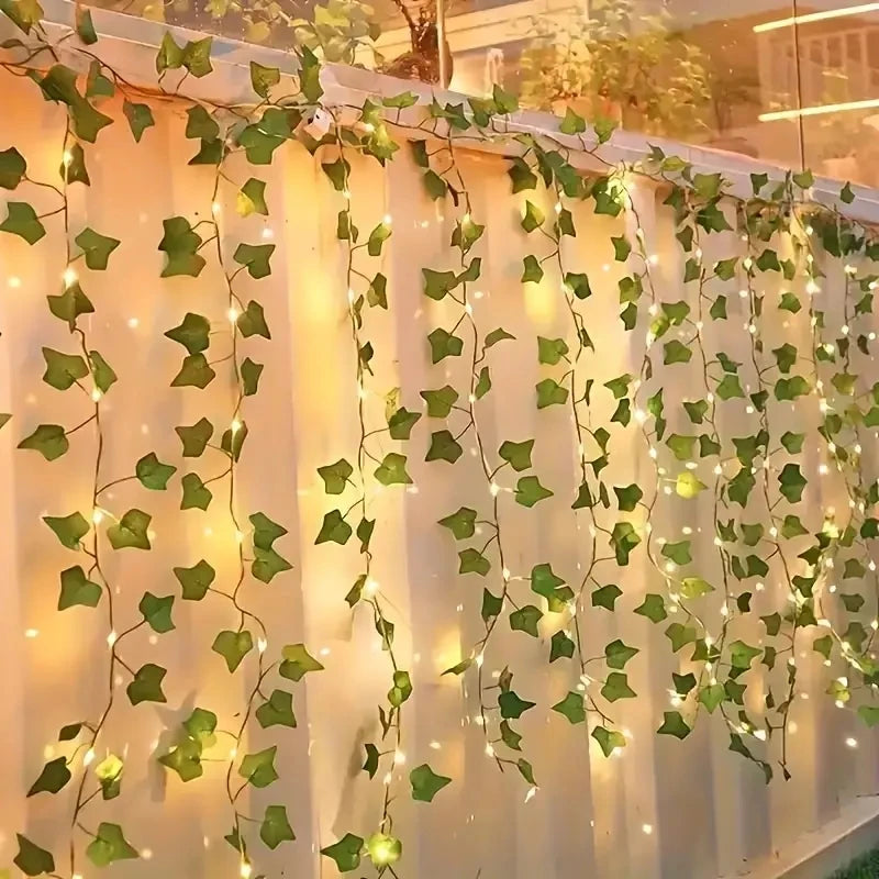 Solar LED Simulated Green Leaf Vine Copper Wire Light Courtyard Balcony Fence Wall Atmosphere Decoration IP44 Outdoor light