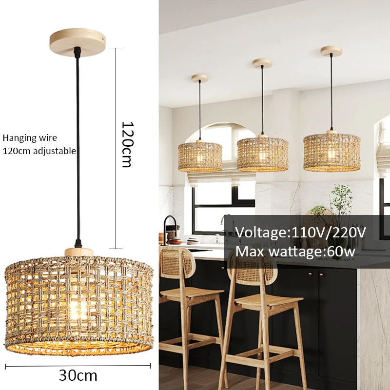Wicker Rattan Pendant Lamp Teahouse Homestays Decorative Pastoral Retro Pendant Light Kitchen Corridor Bedroom Dining Chandelier