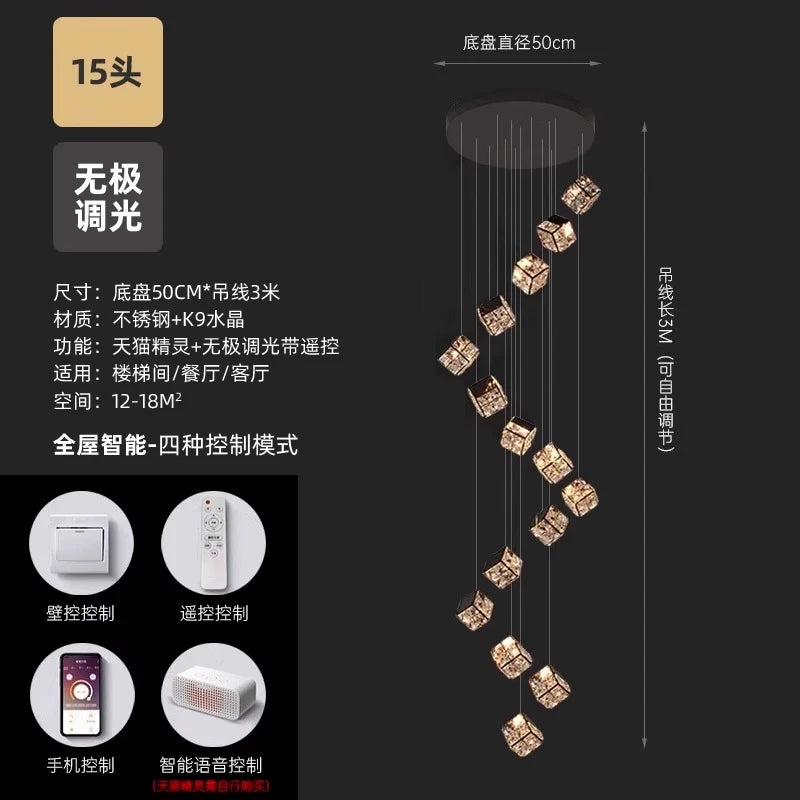 Stair chandelier long chandelier Rubik's cube creative personality light crystal lamp duplex villa loft apartment