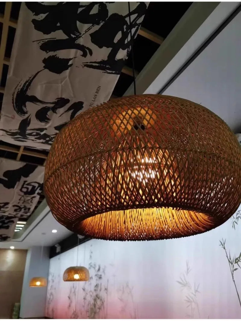 Japanese Wabi-Sabi Rattan Pendant Light - Hand-Woven E27 Boho Lamp for Restaurant Coffee Shop Dining Room Kitchen Island