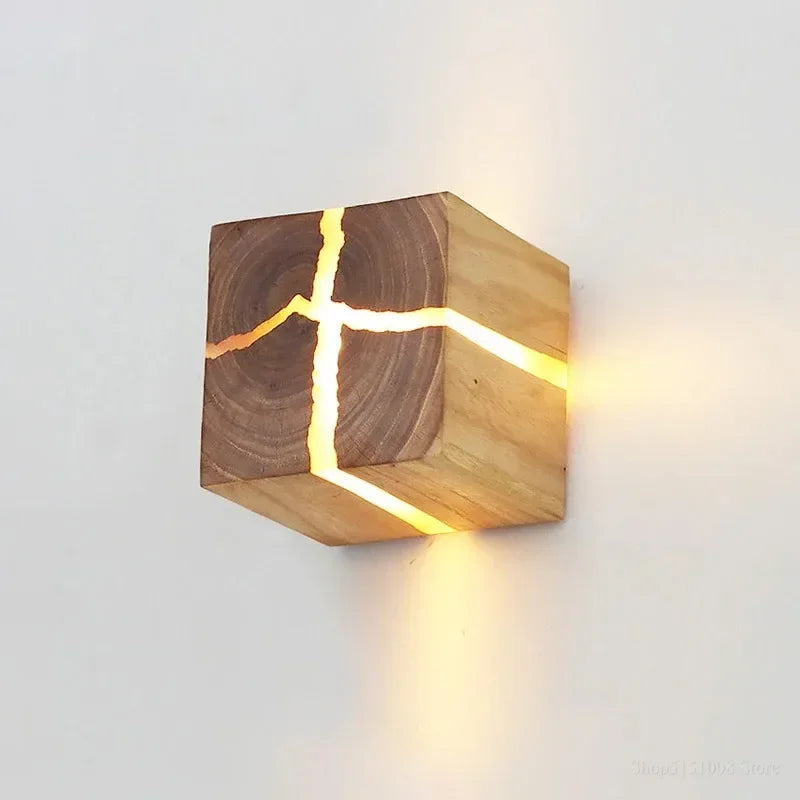 Modern Mirror Led Light Bedside Lamp Wabi Sabi Nordic Cracked Wood Wall Lamp for Living Room Hallway Office Decoration Lamp
