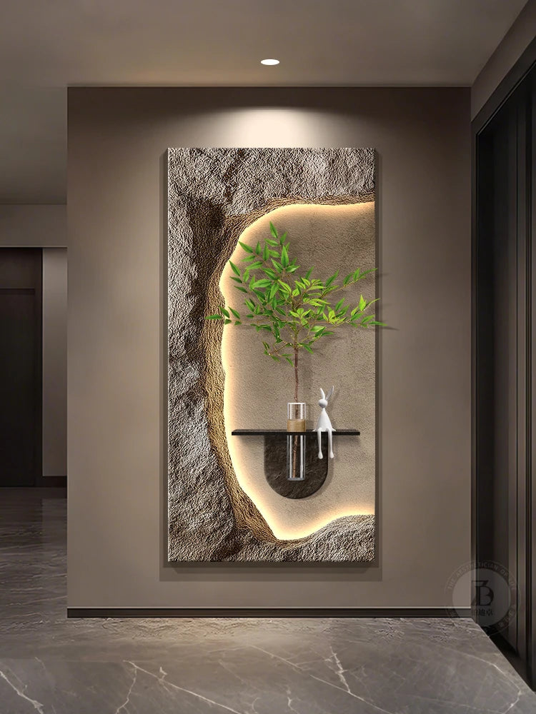 2024 Hydroponic green decorative painting background cream senior living room hanging painting sandstone new LED lights