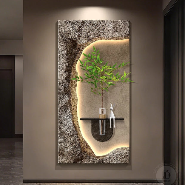 2024 Hydroponic green decorative painting background cream senior living room hanging painting sandstone new LED lights