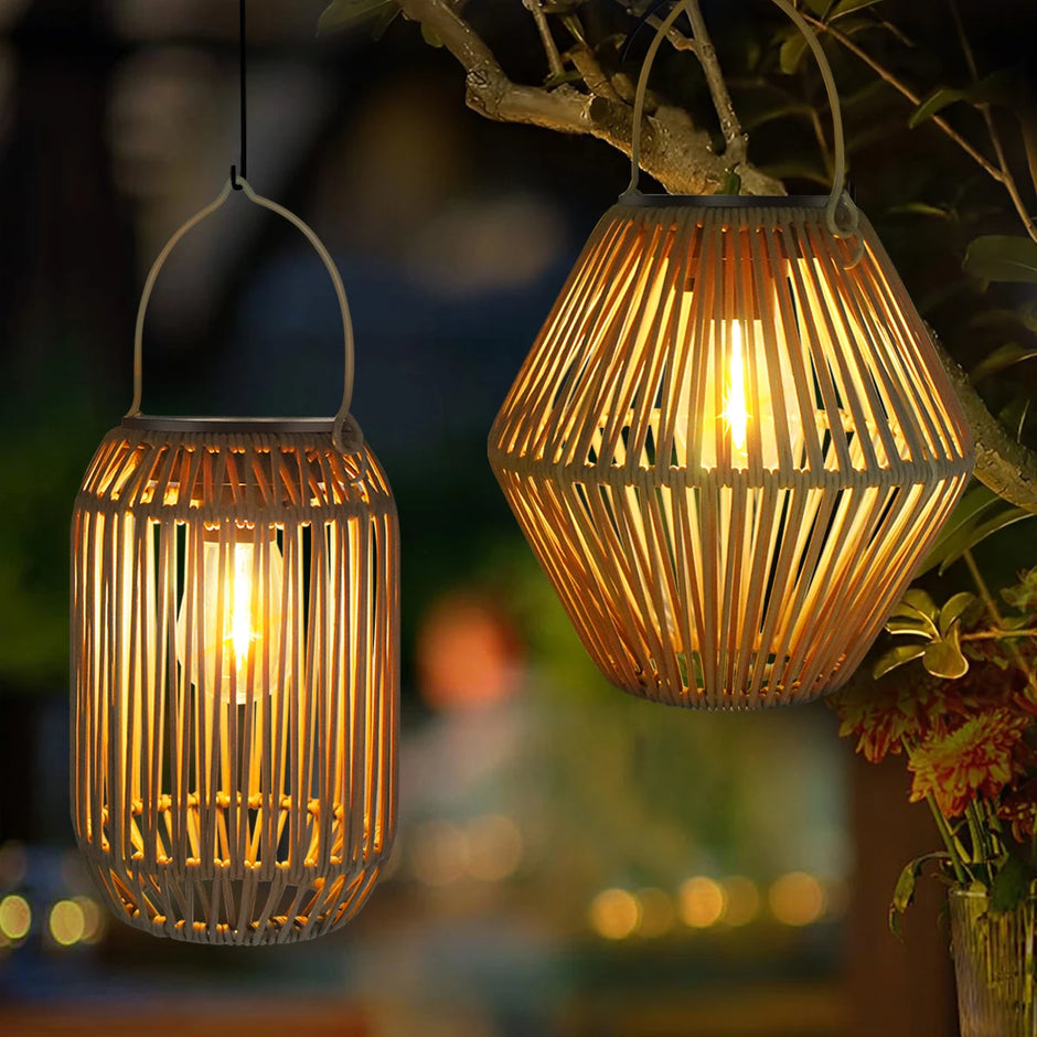 Outdoor Solar Rattan Lanterns, Waterproof Hanging Boho Solar Lights for Garden, Patio, Yard, Porch Decorative Lighting