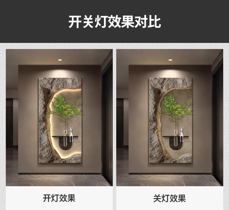 2024 Hydroponic green decorative painting background cream senior living room hanging painting sandstone new LED lights