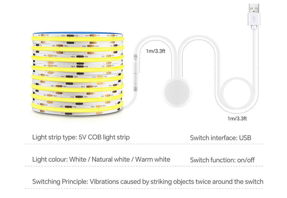 USB Power COB Tape with Tap-twice Vibration Sensor Switch Hight Brightness 320LEDs/M for Dressing Table Makeup Mirror Backlight
